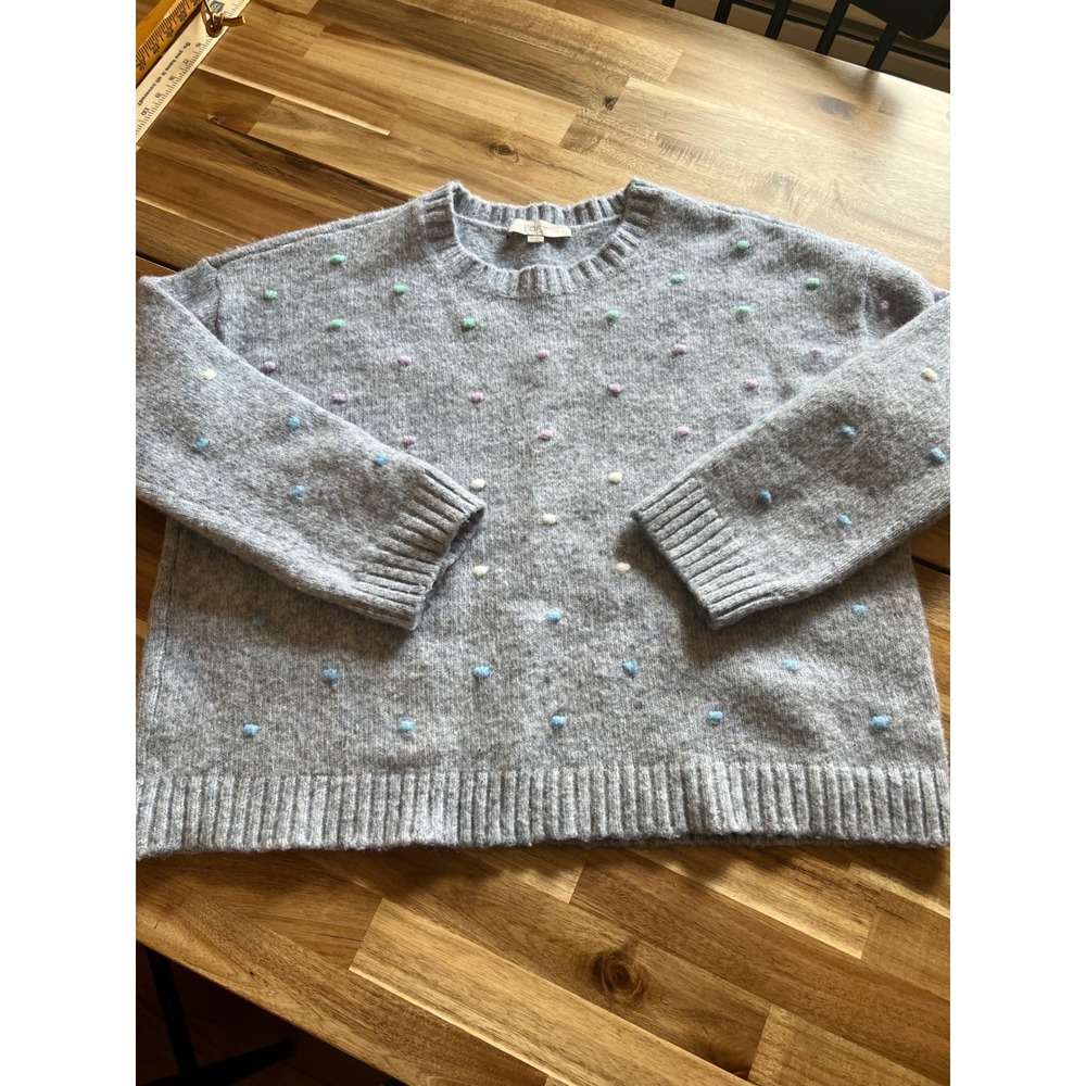 Loft Gray Bobble Dot Crew Neck Sweater Womens XL Pastel Pom Pom Pullover Knit